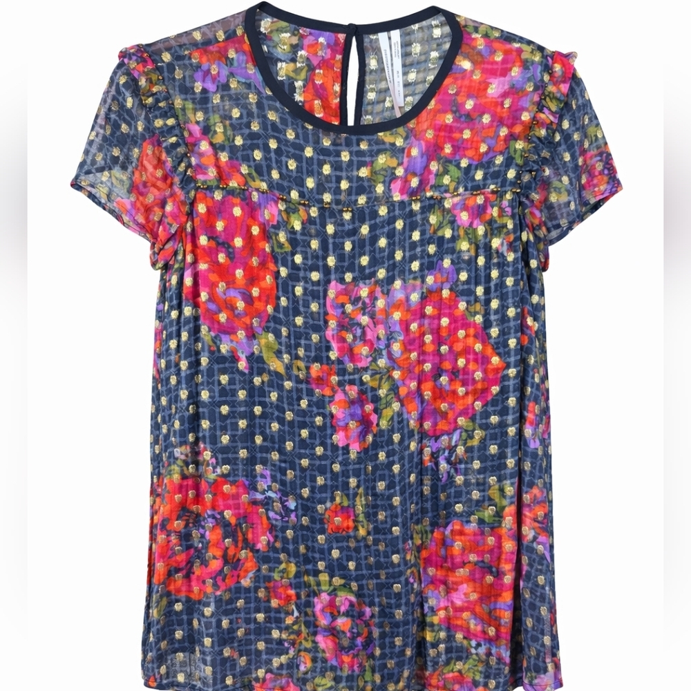 Anthropologie Floral Sheer Blouse Gold Dot Ruffle Sleeve Sz 2